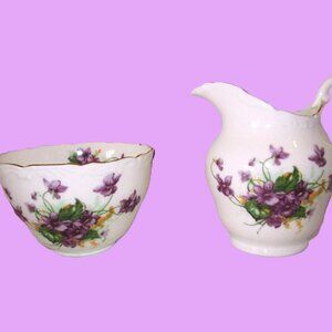 Vtg Violet Heathcote sugar & creamer with Purple bouquets white bone china